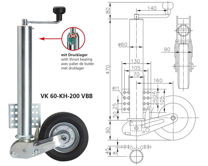 WINTERHOFF VK60-KH-200VBB автоматично опорно колело с дръжка 250 кг 60 мм 560-1030 мм